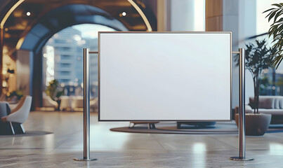 Blank signage mockup on a rounded metal frame at an event entrance.