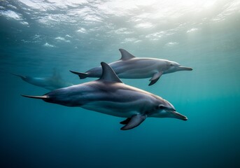 Fototapeta premium Pair of dolphins swimming gracefully underwater in sunlit ocean