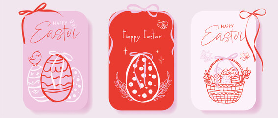 Fototapeta premium Set of coquette vintage Easter greeting cards. Hand drawn whimsical frames with ribbons and bows. Cute bunnies, flowers, leaves, eggs, and basket. Template for greeting, poster, or banner.