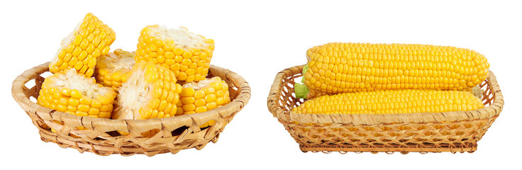 ear of corn in a wicker basket isolated on a white background with full depth of field