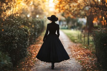 Fototapeta premium Elegant French woman strolls through a picturesque autumn garden in Paris, Beautiful French woman walking in the garden in Paris