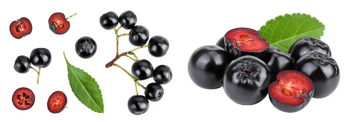 Chokeberry with leaf isolated on white background. Black aronia. Top view. Flat lay
