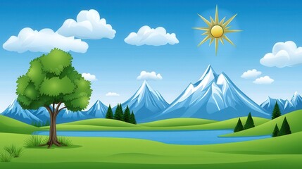 Colorful Mountain Landscape Illustration With Lake And Tree