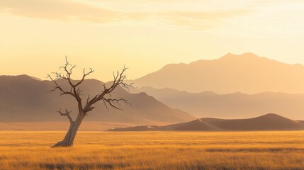 Obraz premium Lone dead tree in desert sunrise, mountains backdrop, nature peace
