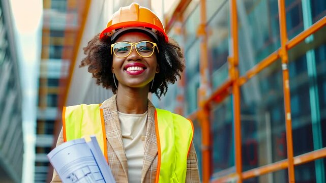 Confident African American Female Architect in Safety Gear Holding Blueprints on Construction Site with Bright Smile and Modern Urban Background - Powered by Adobe