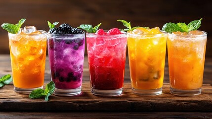 Fototapeta premium Refreshing summer cocktails with ice, mint leaves, and vibrant colors on rustic wooden surface