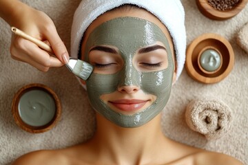Relaxed young woman getting facial care by professional beautician at spa salon, receiving face peeling mask for skincare, Generative AI