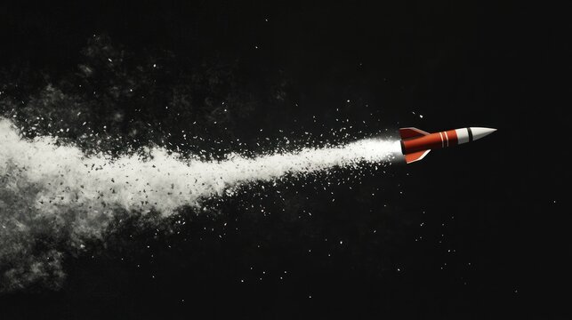 High speed red rocket blasting through cosmic dark space with smoke trail