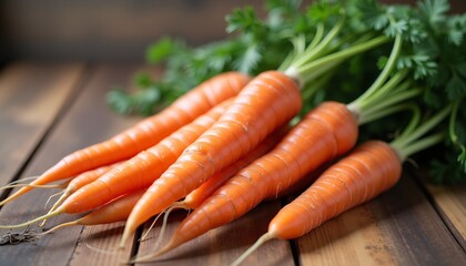 Fresh organic carrots with green tops on rustic wooden table