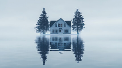 Fototapeta premium Reflective Serenity Solitary House on Water Surrounded by Trees in Foggy Misty Landscape
