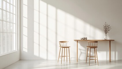 Sunlight Illuminates Minimalist Room with Wooden Bar Stools and Table, Modern Interior Design Aesthetic