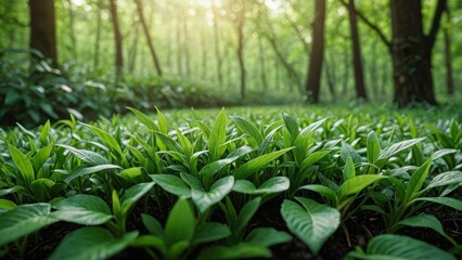 Obraz premium Sunlit green plants in a tranquil forest, showcasing a vibrant and serene natural setting