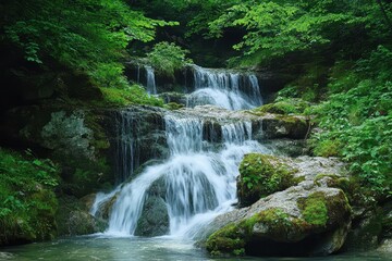 Fototapeta premium Cascading waterfall surrounded by lush greenery at a serene location in nature, ISM4LS