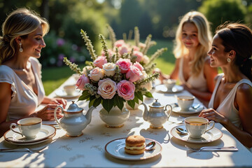 Elegant women enjoying tea in a lush garden, celebration of friendship