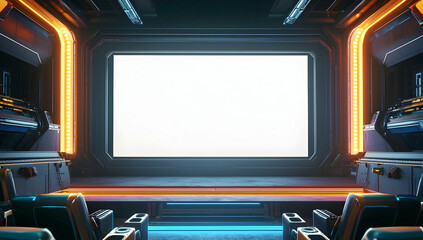 Blank cinema screen mockup in a dark, modern theater with vibrant edge lighting for customization.