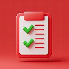 Red clipboard with green checkmarks on a red background