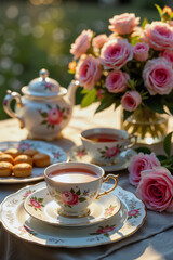 Fototapeta premium Delicate china tea set with flowers in sunny garden, nostalgic gathering