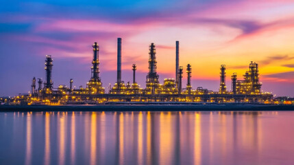 petrochemical plant in night time with reflection over the river