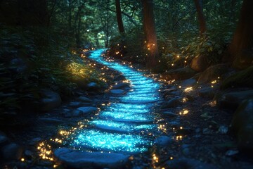 Fototapeta premium Glowing path, forest, stones, night, magic.