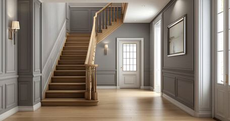 Modern Gray Entryway with Wooden Handrails and Light Oak Floors.