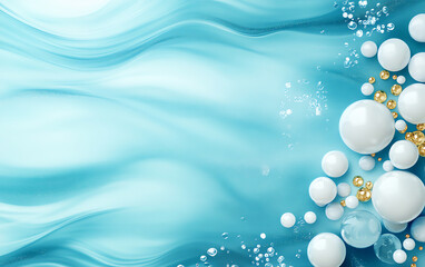 Elegant blue wave background with floating white and gold bubbles, perfect for design and creative projects.