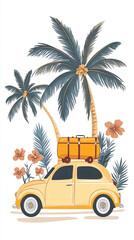 A yellow car with roof luggage is surrounded by palm trees and flowers in a tropical setting