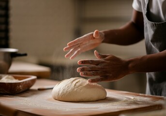 African american baker kneading dough with flour on wooden surface in artisan kitchen