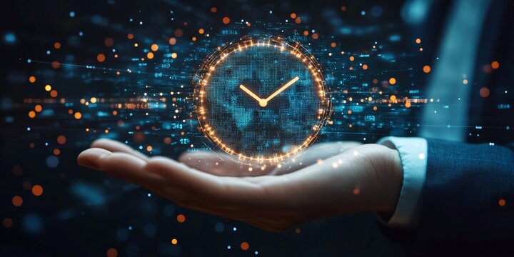 Clock on hand time data digital clock management planning business and time concept, Generative AI
