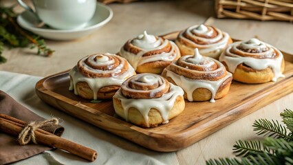 Fototapeta premium Delicious glazed cinnamon rolls topped with icing on wooden tray