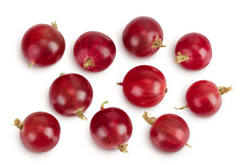 Red gooseberry isolated on white background. Top view. Flat lay.