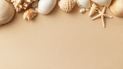 Top view of a sandy beach with collection of exotic seashells and starfish