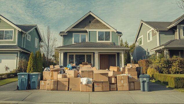 Residential House Curbside Pile of Cardboard Boxes for Recycling and Disposal, Efficient Waste Management Practices