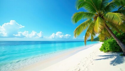 Azure water laps white sand, lush palms sway in gentle breeze , shore, scenic