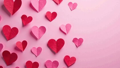 Close-up view of pink paper hearts forming a confetti pattern, celebration, wedding