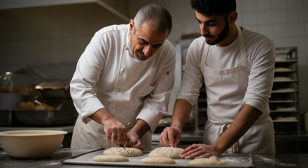 Experienced bakers collaborating in kitchen with fresh dough preparations
