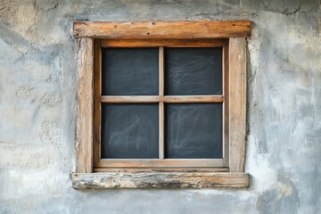 Fototapeta premium Rustic wooden window frame against a textured concrete wall