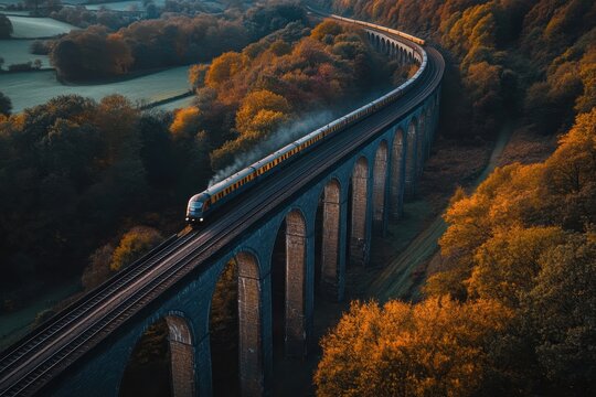 Train travels on railway bridge amidst autumn foliage in a scenic aerial view, Aerial view of a train slowly passing a railway bridge at dusk