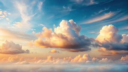 Fototapeta premium A Serene Panorama of Sunset Cloudscape, Illuminating the Heavens with Golden Hues and Soft, Pastel Colors, Creating a Breathtaking View Above the Earth