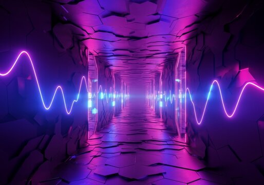 Futuristic neon tunnel with purple and blue geometric light waves