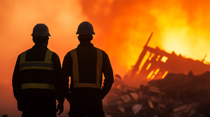 Fototapeta premium Two firefighters observe intense blaze at night, silhouetted against fiery backdrop of destruction and chaos.