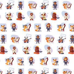 Fototapeta premium Colorful seamless vector pattern featuring cute animals in various professions including artists, musicians, scientists, and police officers 