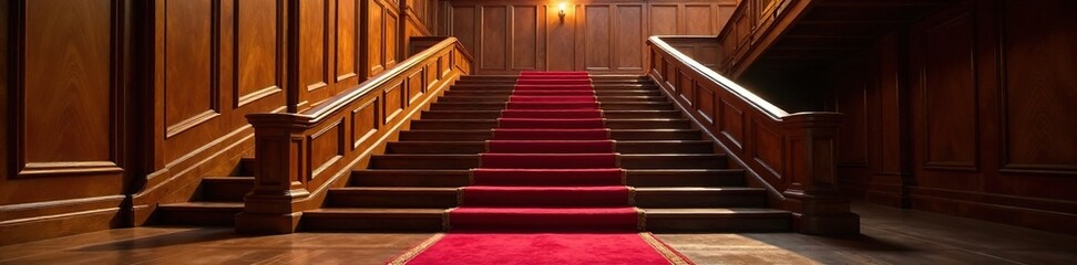 Wooden staircase with red carpet stretching up to the ceiling, illuminated by a single faint light source, grandeur, wood