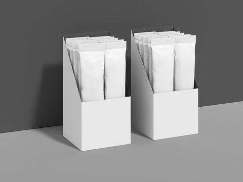 White Blank Sachet Packaging with Display Box Mockup 3D Rendering