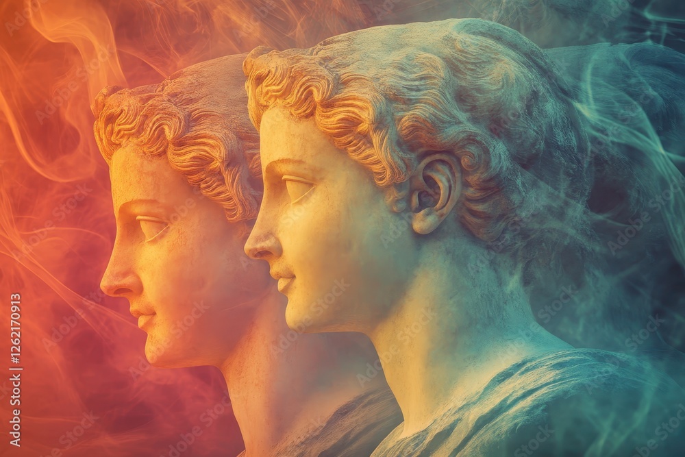 Poster ancient sculpture heads create a mesmerizing effect with swirling colors and movement, ancient sculp