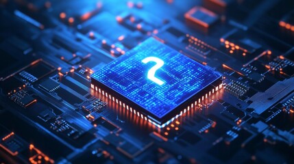 Glowing CPU question mark, digital data, motherboard, technology concept