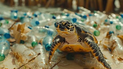 Sea turtle struggles in polluted waters surrounded by bottles highlighting ocean pollution impact