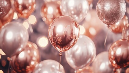 Rose Gold Balloons Float Elegantly, Shimmering with Festive Lights for a Celebration