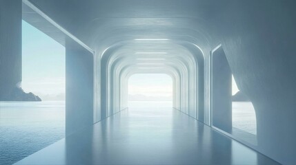 Fototapeta premium Serene Futuristic Corridor Tunnel with Sea View Interior Design Modern Architecture Coastal Dreamscape