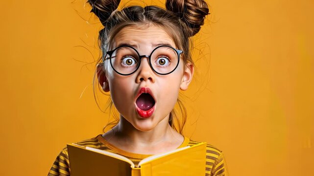 Surprised young girl with glasses and playful hairstyle gasping in wonder while reading a bright yellow book against a vibrant orange background