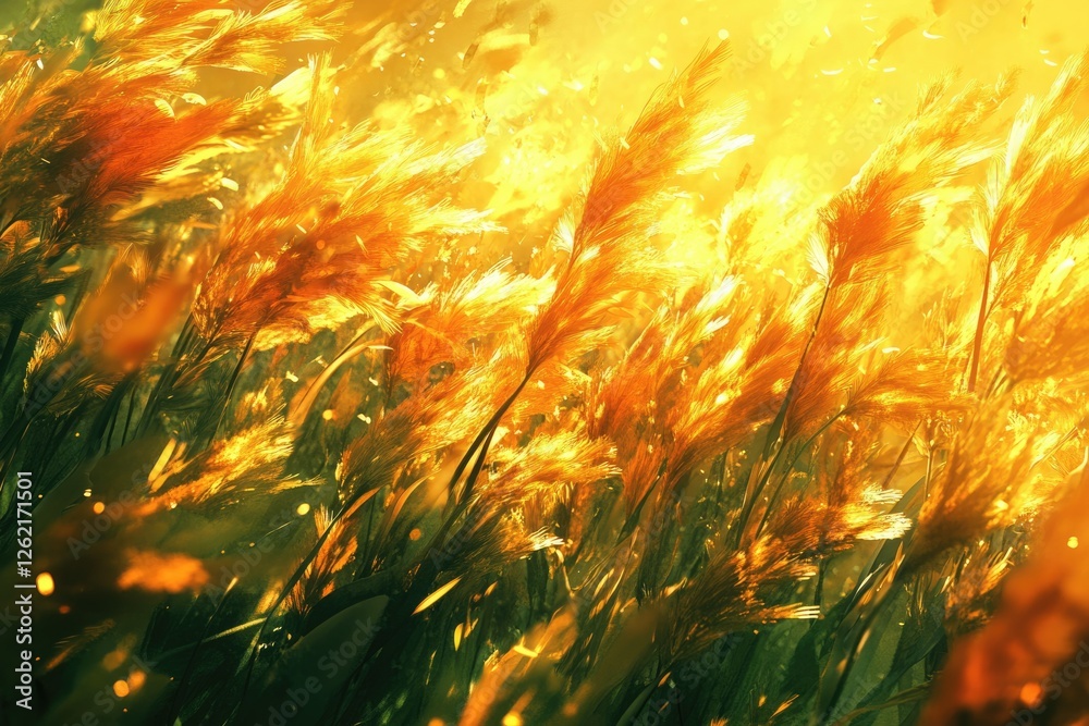 Poster golden grass swaying gently in a warm sunset, illuminated by golden light and shimmering particles.